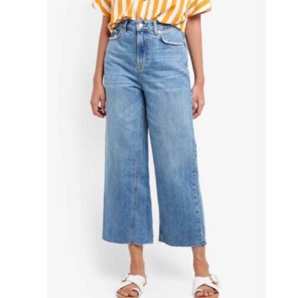 Topshop Cropped Moto Jeans 34 Cotton Straight Wide Leg Raw Hem Cut Off Crop